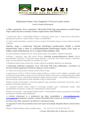Pomáz Napja 2026 tájékoztató a Civil szervezetek részére