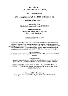 Tüdőszűrés szeptember 28-tól október15-ig Tüdőszűrés szeptember 28-tól október15-ig